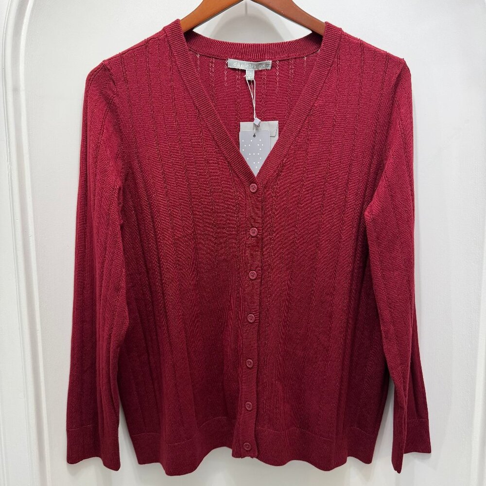 Daniel Rainn Womens Burgundy V-Neck Cardigan, 7 buttons, mid-length, has stretch